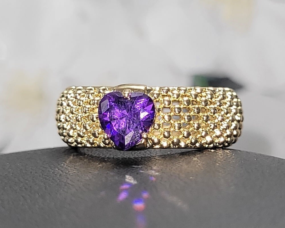 Purple Heart Rhinestone Gold Plated Ring