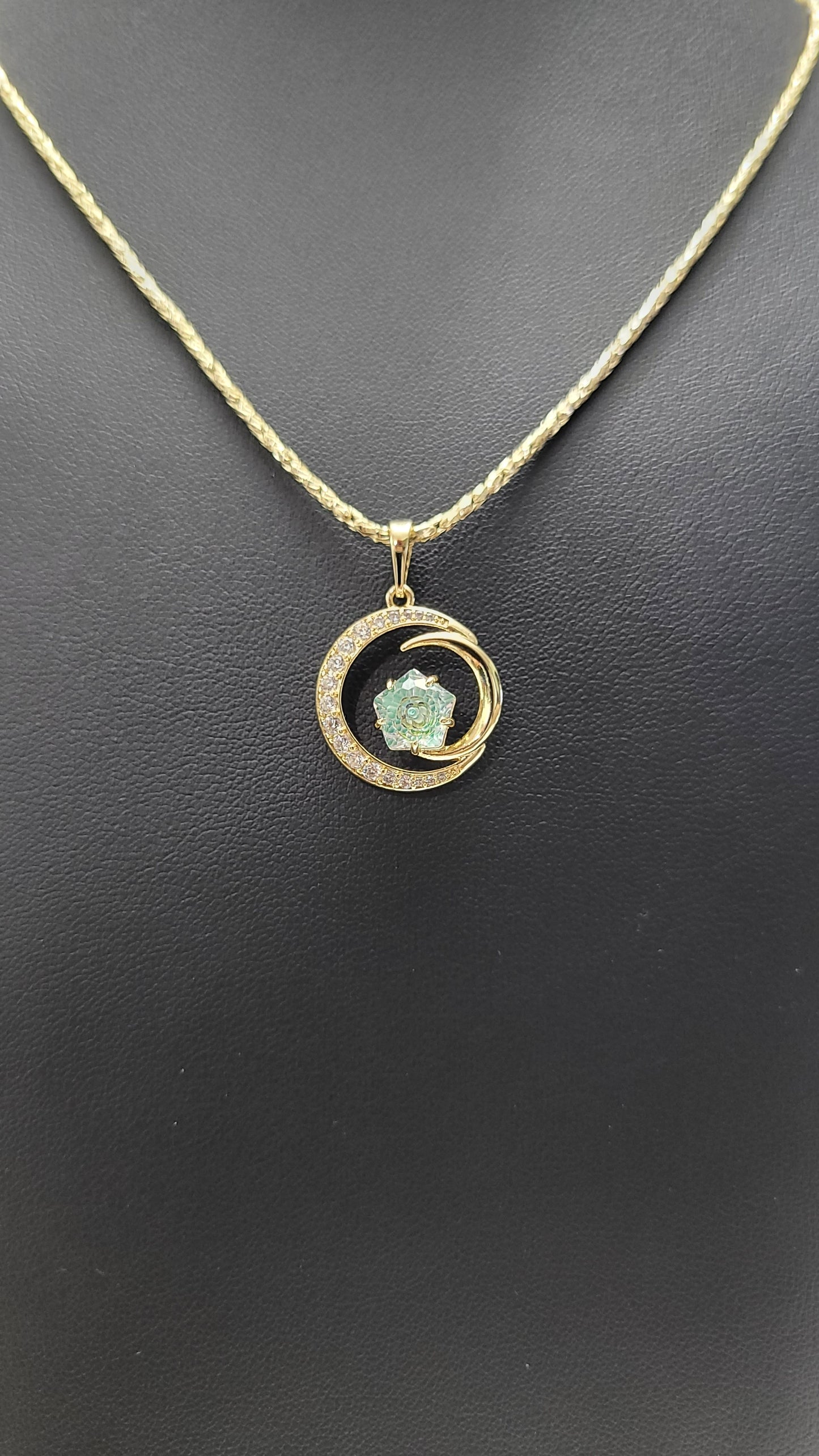 14k Gold Plated Necklace w/ Half Moon Aqua Green Rhinestone