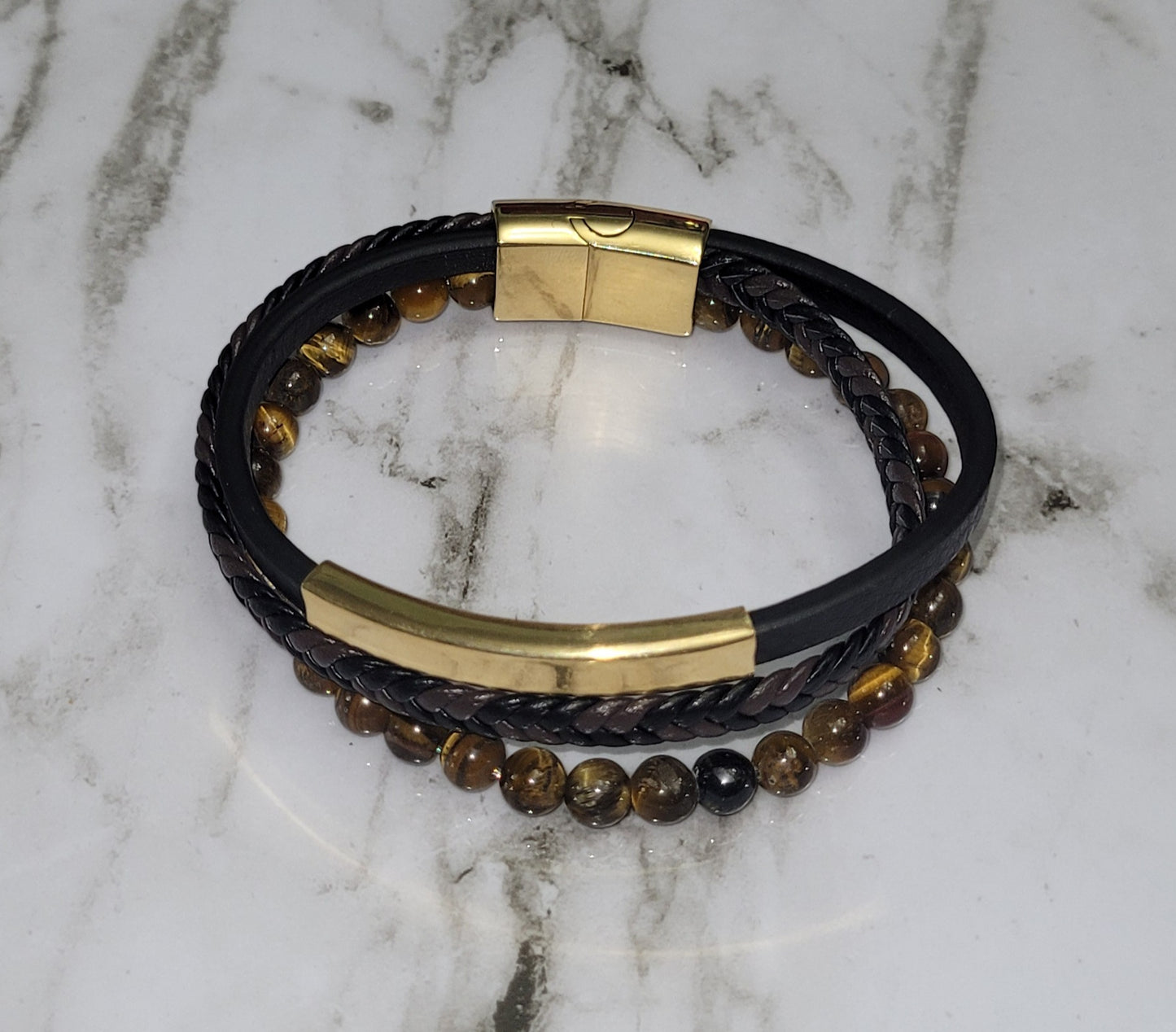 Stainless Steel Gold Plated Faux Leather Bracelet