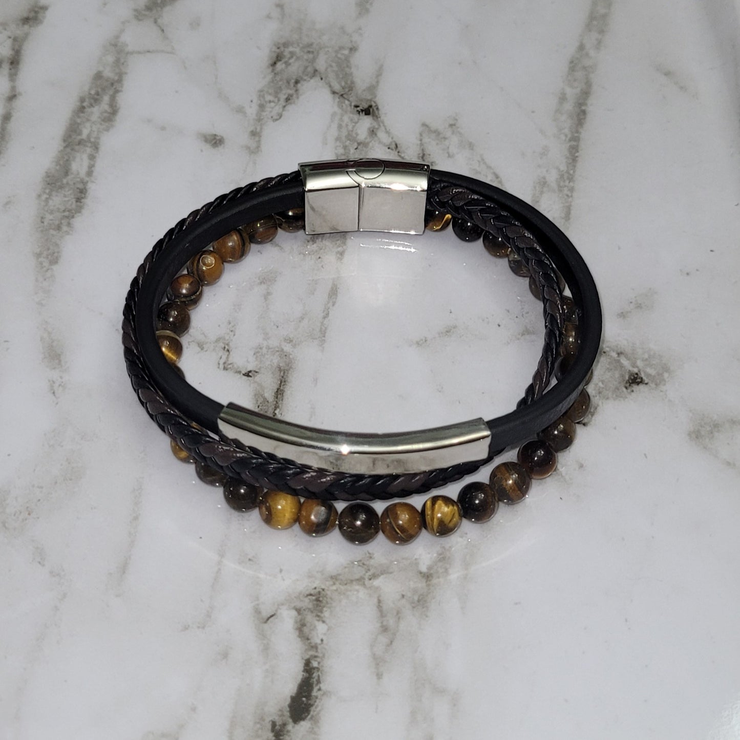 Stainless Steel Silver Plated Faux Leather Bracelet