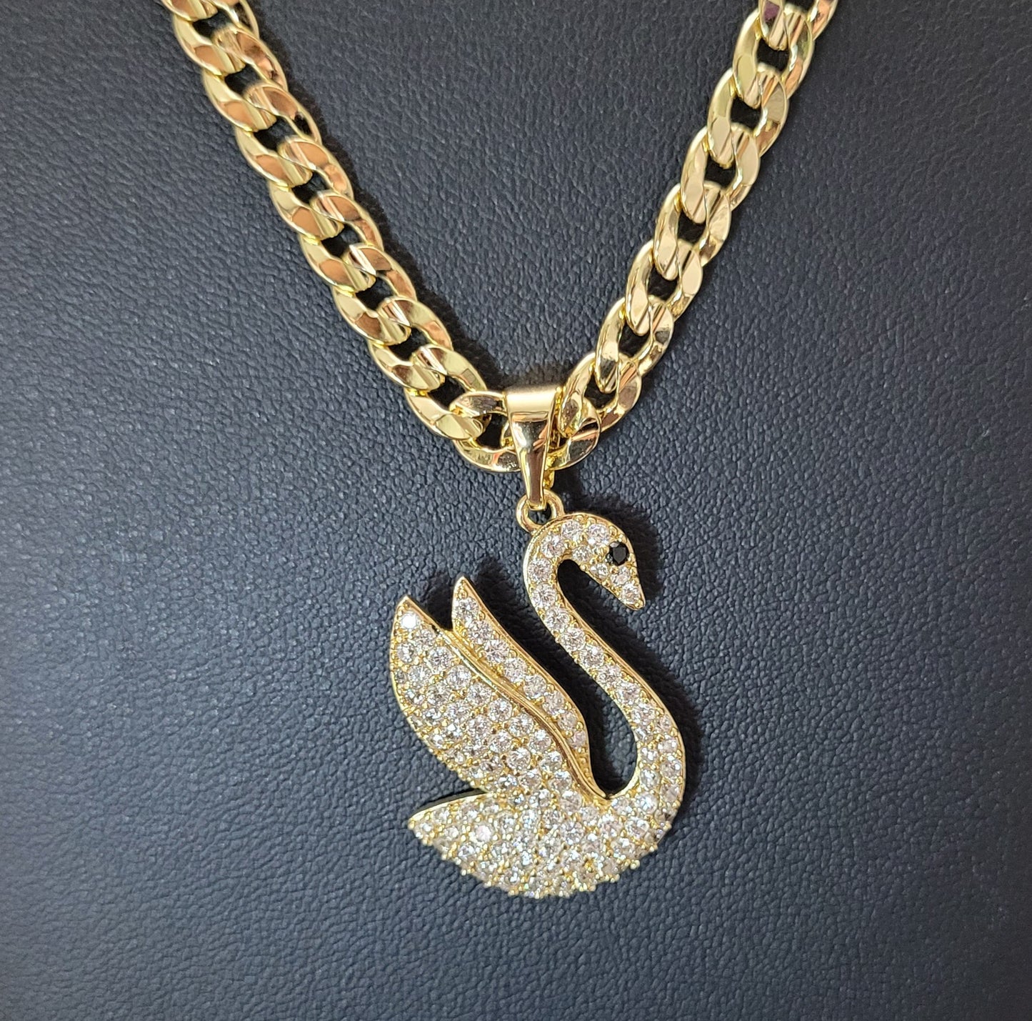 14k Gold Plated Zirconia Swan w/ Cuban Chain