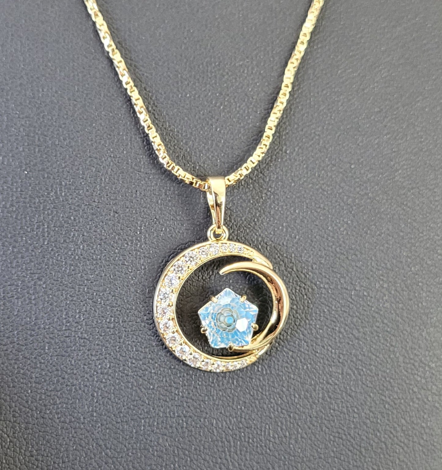 14k Gold Plated Necklace w/ Half Moon Aqua Rhinestone