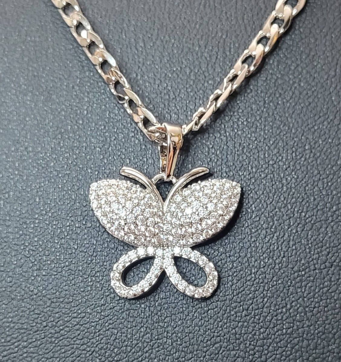 Silver Plated Cubano Chain w/ Zirconia Butterfly