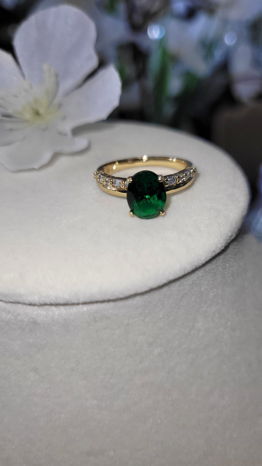 14k Gold Plated Emerald Green Rhinestone Ring