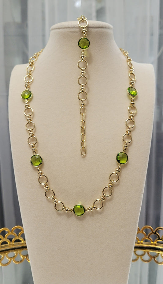 14k Gold Plated Necklace w/ Clear Light Green Gem Stone Set