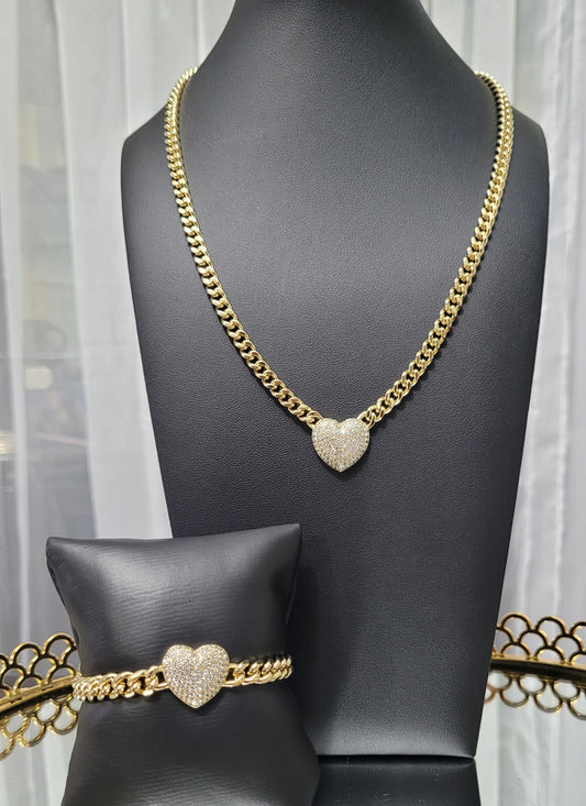 14k Gold Plated Cuban Style Zirconia Heart Set