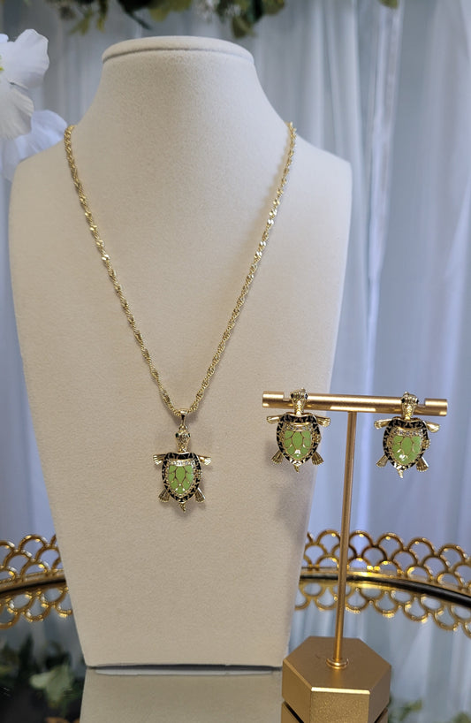 14k Gold Plated Twist Necklace w/ Green Turtle Pendant & Earring Set