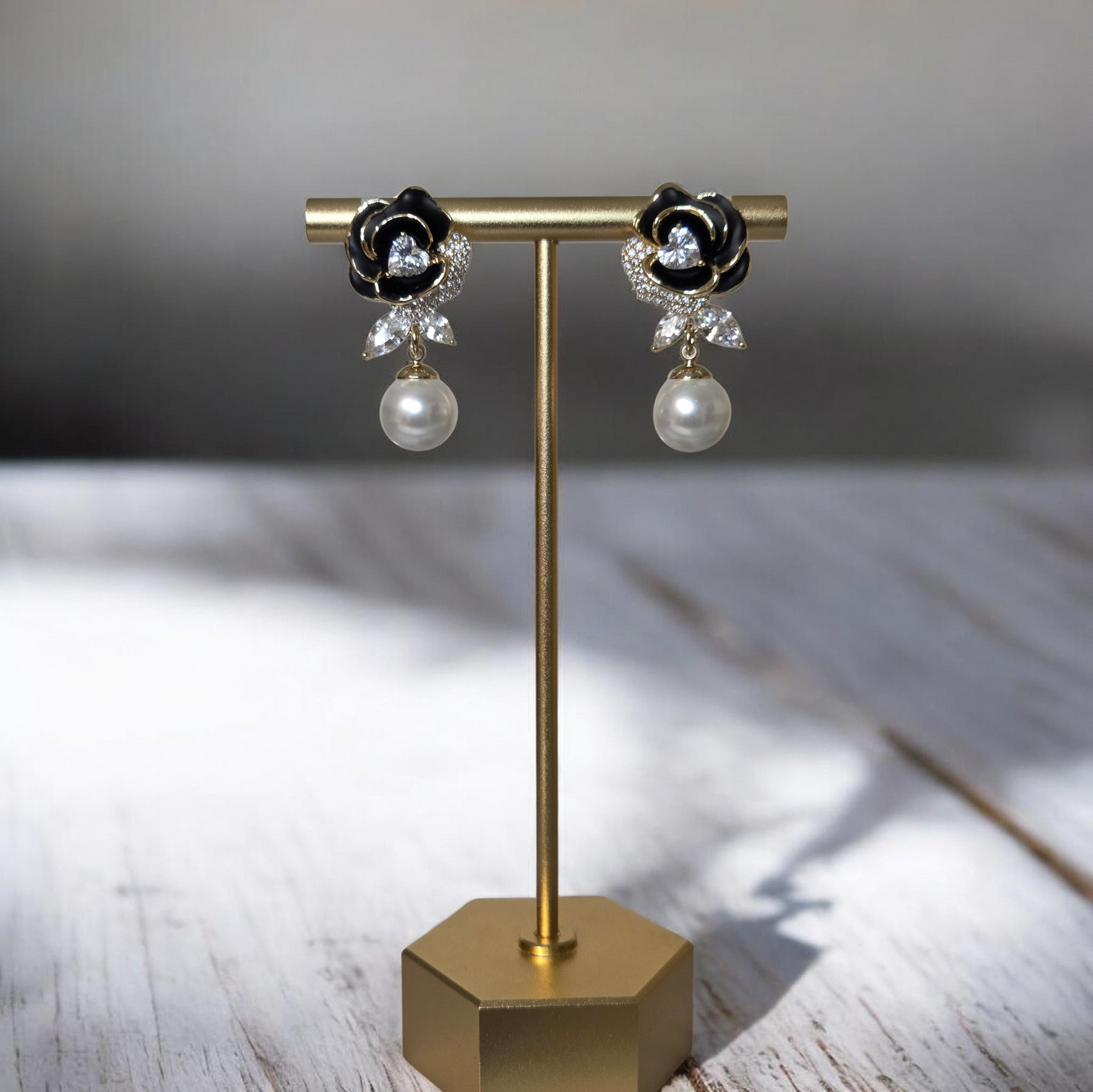 Black Rose Earrings w/ Zirconia