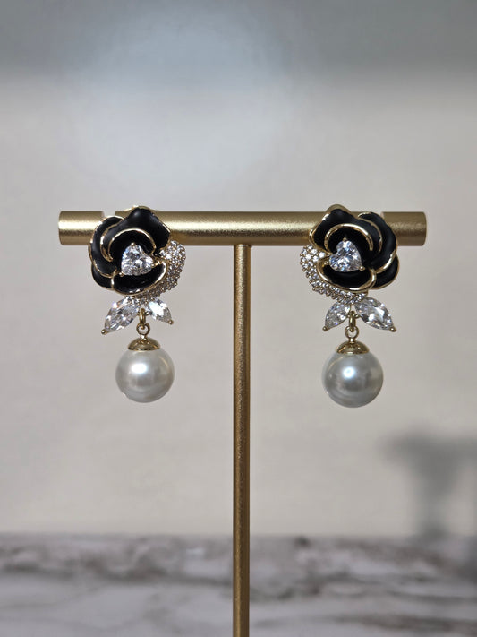 Black Rose Earrings w/ Zirconia
